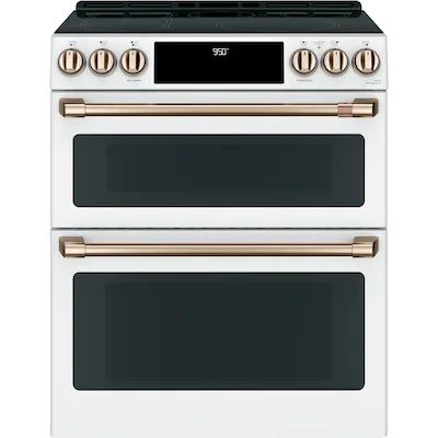 Cafe 30-in 5 Elements Self-cleaning and Steam Cleaning Air Fry Convection Oven Slide-in Double Oven Induction Range (Matte White) in the Double Oven Induction Ranges department at Lowes.com Double Oven Electric Range White, Slide In Electric Range Double Ovens, Smeg Cream Oven, Smeg Cream Built In Oven, Falcon Induction Range, Cream Smeg Oven Kitchen, 30 In Double Oven, Lowes Kitchen Appliances, White And Gold Double Oven