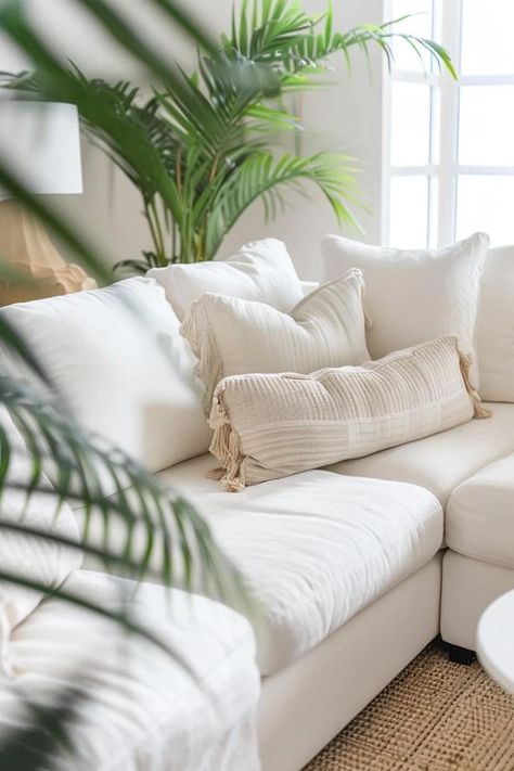 White Sectional Living Room Ideas | Chic &amp; Cozy Decor White Sectional Decor, White Sectional Living Room Ideas, White Sectional Living Room, Cozy White Living Room, Cloud Sofa Living Rooms, Sectional Living Room Ideas, White Sectional Sofa, Sectional Living Room, White Sectional