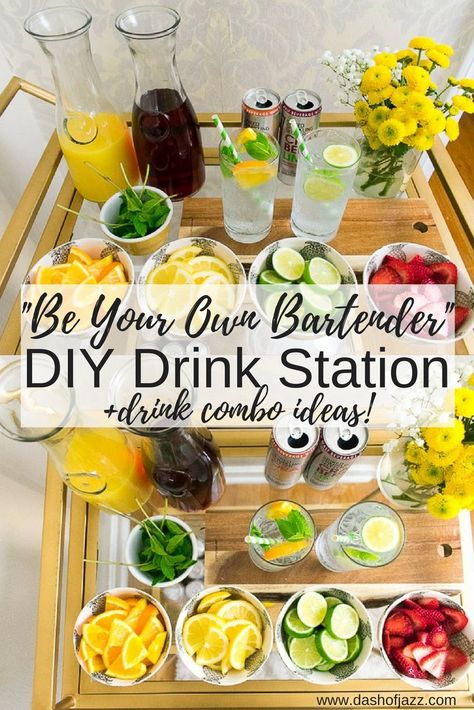 Msg 4 21+ Easy tips for creating a DIY drink station at your next gathering + delicious combination ideas using Smirnoff spiked sparkling seltzers, fresh fruit, herbs, and juices. [ad] By Dash of Jazz via @dashofjazzblog #celebratorysips #celebratewithsmirnoff Cocktail Drink Station, Drink Garnish Station, Margarita Table Drink Stations, Diy Drink Station Party, Build Your Own Drink Bar, Hydration Bar Ideas, Happy Hour Ideas For Work, Make Your Own Cocktail Bar, Cocktail Bar Party Drink Stations