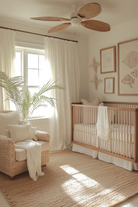 29 Ocean Nursery Ideas to Bring Underwater Magic to Your Baby’s Space 15 Beach Cottage Nursery, Neutral Cloud Nursery, British Colonial Nursery, Nursery Ideas Rental Home, Organic Nursery Ideas, Gender Neutral Ocean Themed Nursery, Neutral Nursery Room Inspiration, Pink Ocean Nursery, Coastal Baby Girl Nursery