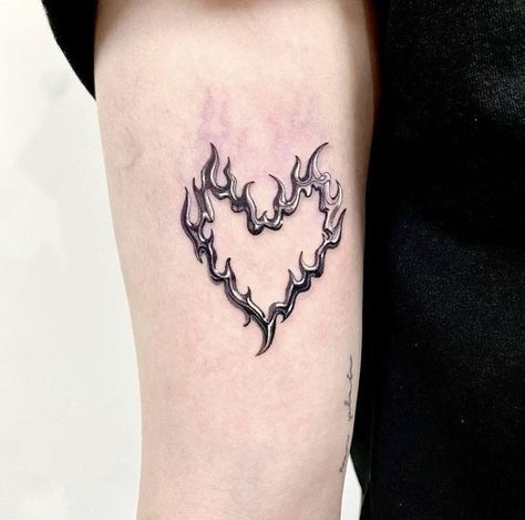 Flame Heart Tramp Stamp, Fire Heart Tattoo Design, Flames Heart Tattoo, Minimal Tattoo Heart, Flamed Heart Tattoo, Spikey Heart Tattoos, Trippy Heart Tattoo, Fiery Heart Tattoo, Edgy Heart Tattoo