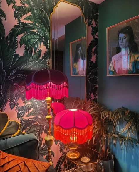 Colorful Gothic Interior Design, Moody Maximalist Pink, Maximalist Vanity Room, Tropigoth Aesthetic Bedroom, Maximalist Decor Color Palette, Maximalist Industrial Decor, Maximalist Floor Lamp, Antique Maximalist Decor, Maximalist Pink Bedroom