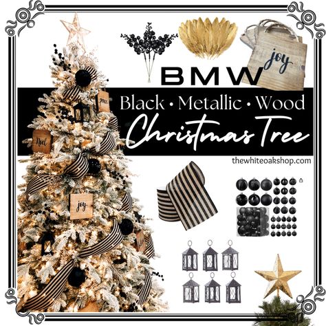 Black And White Rustic Christmas Tree, Black And Natural Christmas Tree, Black Metallic Wood Christmas, Black And Wood Christmas Tree, Black Farmhouse Christmas Tree, Christmas Decor With Black Accents, Flocked Christmas Trees Decorated Black, Themed Christmas Tree Ideas 2023, Black White And Gold Christmas Tree