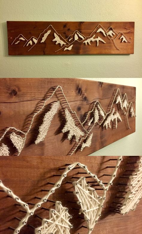 #stringart #mountain #diy Mountain Diy Craft, Nail And String Art Mountains, Nail And Yarn Art Designs, Nail And String Wall Art, Wood And Nail Art, Wall String Art, 4 H Project Ideas Unique, Mountain Art Diy, Diy Mountain Wall Art