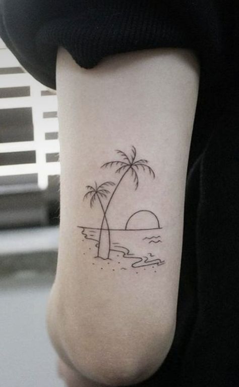 European Summer Tattoo, Beach Outline Tattoo, Florida Theme Tattoo, Mens Beach Tattoo, Beach Shoulder Tattoo, Beach Line Tattoo, Tree And Sun Tattoo, Bermuda Tattoo, Fine Line Beach Tattoo