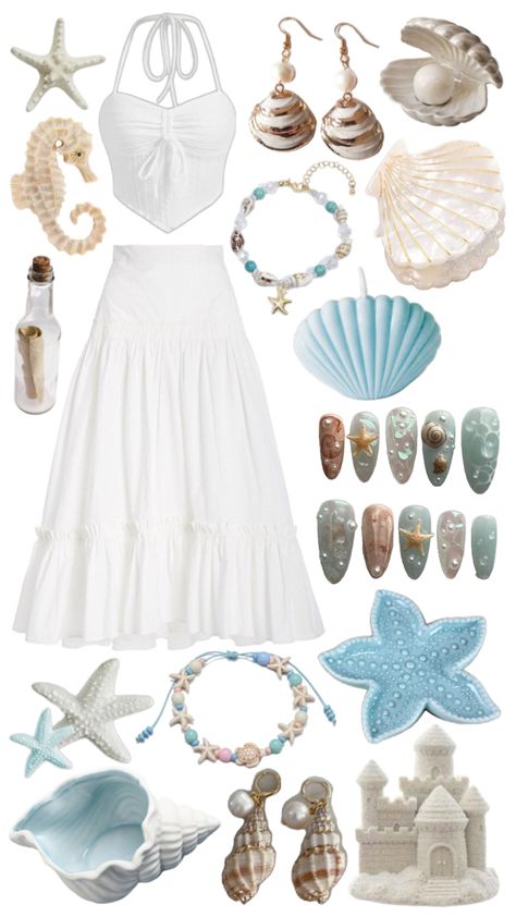 Beach aesthetic collage, shell aesthetic, sand aesthetic, shell jewelry, beach nails, shell candle, shell hair clip, sandcastle aesthetic, sea stars, star fish aesthetic, white maxi skirt aesthetic Star Fish Aesthetic, Sandcastle Aesthetic, Beach Aesthetic Collage, Maxi Skirt Aesthetic, Aesthetic Sand, Shell Aesthetic, Sand Aesthetic, Fish Aesthetic, Aesthetic Sea