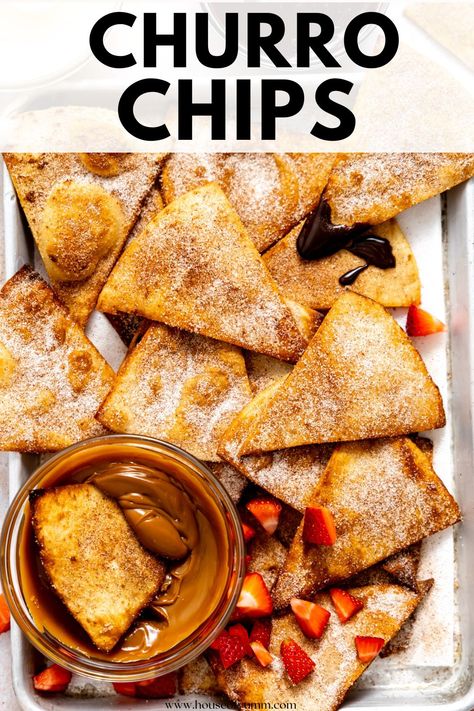 These homemade Cinnamon Tortilla Chips are crisp and flaky, sweetened with a cinnamon sugar mixture and perfect for dipping into some fruit salsa, chocolate, or dulce de leche! Churro Chips, Cinnamon Tortilla Chips, Fruit Salsa, Lunch To Go, Most Popular Recipes, School Snacks, Easy Family Meals, Quick Breakfast, Cinnamon Sugar