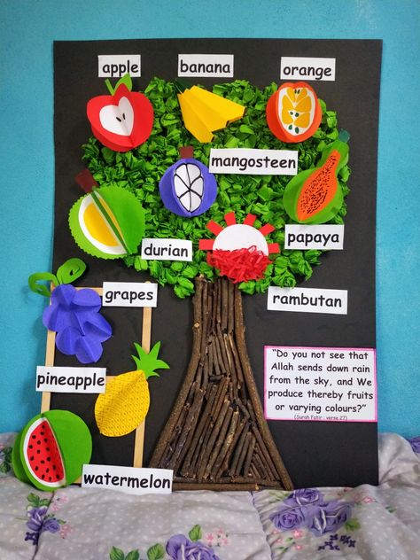 Plant Art And Craft For Preschool, Fruit Projects For Preschool, Fruit Day Decoration In School, Healthy Food Activities For Preschool, Fruit Poster, Craft Work For Kids, School Board Decoration, Food Activities, Montessori Toddler Activities