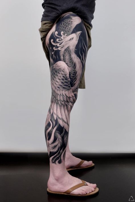 Full Waist Tattoo, Leg Phoenix Tattoo, Full Leg Tattoo Design, Bird Leg Tattoo, Japanese Bird Tattoo, Japanese Leg Sleeve, Praying Hands Tattoo Design, Praying Hands Tattoo, Tattoo Japanese Style