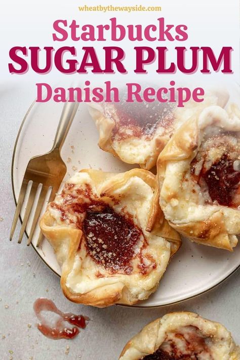 Recreate Starbucks’ famous breakfast pastry— the Sugar Plum Danish with this simple homemade recipe. It’s delicious as-is, but there’s also a gluten-free option for those who need it! Could be an easy brunch option, dessert, or festive breakfast treat! Plum Danish Recipe, Sugar Plum Danish, Plum Danish, Homemade Starbucks, Gluten Free Holiday Recipes, Danish Recipe, Gluten Free Puff Pastry, Gluten Free Pastry, Copycat Starbucks