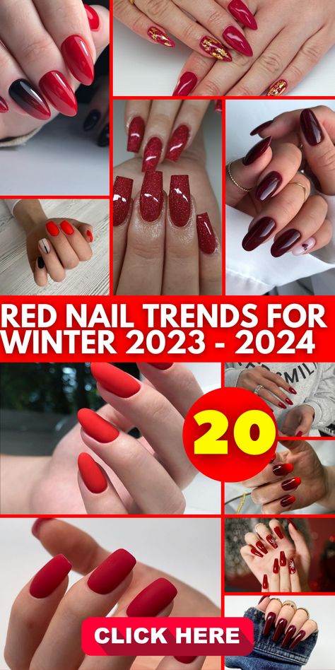 Dive into the winter season with the latest red nail trends for winter 2023 - 2024. Gel and acrylic nails offer a chic and stylish look. Whether you prefer short and sweet gel nails or long and glamorous acrylic square shapes, red is the color that will keep you on-trend. Make a statement with the latest color trend and showcase your personality through your nails. Different Shaped Acrylic Nails, Holiday Nails Winter Christmas 2023, Christmas Nail 2023 Trends, Christmas 2023 Nail Color, Nails 2023 Christmas Trends, Dec Nails 2023, Winter Nails 2023 Trends Red, Xmas Nails 2023 Trends, Nails 2023 Trends Winter Red