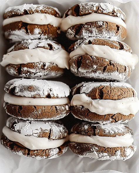 Gingerbread Crinkle Cookie Sandwiches with Vanilla Bean Frosting - Recipes, Tasks & Tools Gingerbread Crinkle Cookies, Vanilla Bean Frosting, Chewy Gingerbread Cookies, Unique Recipe, Cookie Sandwiches, Winter Treats, Crinkle Cookies, Whoopie Pies, Christmas Goodies