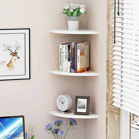 Amazon.com: Baffect 3-Pack Corner Shelf Wooden and Plastic PVC Floating Shelves Wall Mount Shelf Bookshelf Display Cosmetic Storage Rack Room Decor (Large) : Home & Kitchen Corner Shelves Bedroom, Floating Corner Shelf, Corner Shelf Ideas, Living Room Industrial, Bathroom Corner Shelf, Floating Corner Shelves, Corner Wall Shelves, Corner Bookshelves, Wooden Floating Shelves