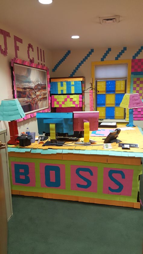 Office Birthday Pranks Boss, Office Decorating For Birthday, Prank Boss Office, Celebrating Office Birthdays, Decorate Boss Office For Birthday, Boss’s Day Decorations, Bosses Day Decorations Offices, Decorating Office For Birthday, Decorate Office For Birthday