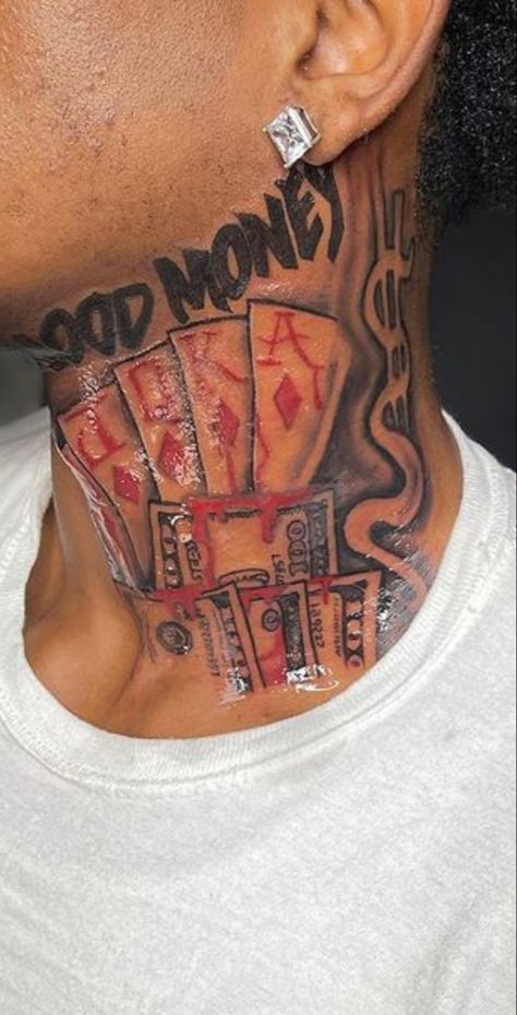 Good Neck Tattoos For Men, Lion Neck Tattoo Men, Money Neck Tattoo Men, Money Bag Neck Tattoo, Black Neck Tattoo Men, Whole Neck Tattoo, Neck Tattoo For Black Men, Unique Neck Tattoos For Men, Money Neck Tattoos