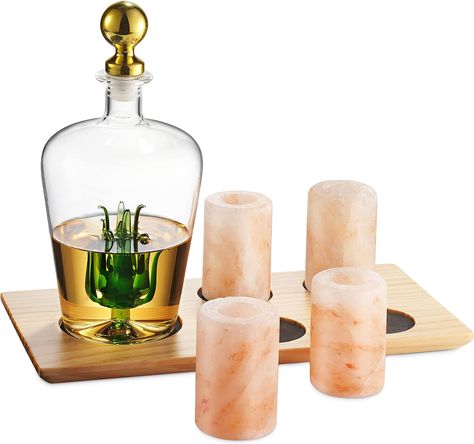 About this item Unique hand blown agave tequila decanter with matching tequila shot glasses made of Himalayan pink salt is all you need to get the party started. Patent Pending - Set includes agave tequila decanter whiskey decanter with 4 matching pink salt shot glasses tequila glasses fitted onto a beautifully stained wooden display serving tray. Tequila Glasses, British Cooking, Whiskey Set, Whiskey Decanter Set, Margarita Glasses, Tequila Shots, Whiskey Gifts, Liquor Decanter, Wooden Display