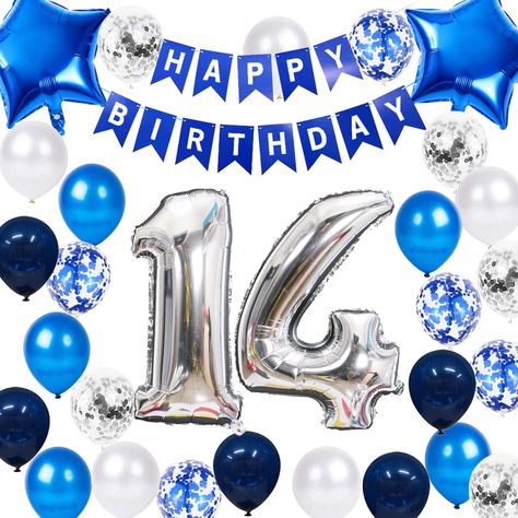 PRICES MAY VARY. 14th Birthday Decorations Blue Sets Include: 1 * blue 'HAPPY BIRTHDAY' Letter Banner, 1* number 14 balloons, 2* star foil balloons, 25 latex party balloons in 5 styles(5* blue color, 5* white confetti, 5* white, 5* navy blue, 5* blue confetti), 1* 10m ribbon. Total 31packs in one package. Size: 'HAPPY BIRTHDAY' letter banner are in 4.5" *6.3" for each letter, latex balloon in 12in for each, Number 14 foil balloon in 32inch for each. All the balloons can be reused many times in o July 16 Birthday, Happy Birthday 16 Boy, Happy 16th Birthday Boy, Happy 16th Birthday Son, Balloons For Men, 15th Birthday Decorations, Boy 16th Birthday, 16 Number, Happy 19th Birthday