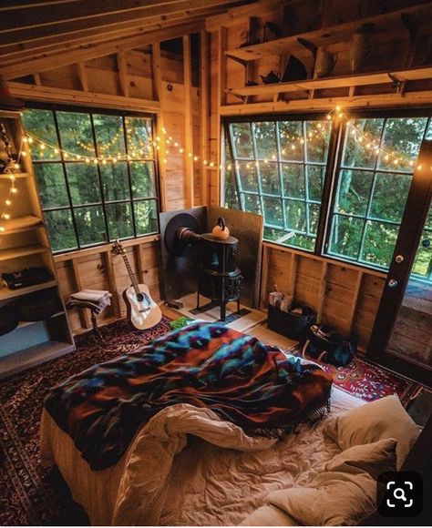 One Room Cabin Interior Small Spaces, Cabin Loft Lighting, Cabin Interiors Rustic Decorating Ideas, Small Cabin Interiors Cozy, One Room Cabin Interior, Cabins In The Woods Interior, Wyoming Cabin, Hippy Bedroom, Bohemian Bedrooms