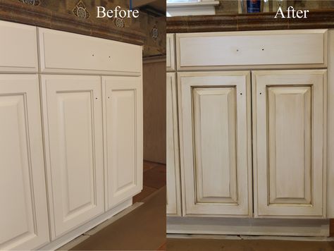 Before and after....Glazing/antiquing cabinets. A complete how to guide from a professional. A faux finisher shows you how to glaze cabinets like a pro! Start with your basic white cabinets, or start from scratch with dated wood cabinets. Glaze in any color, on any color!  Theraggedwren.blogspot.com Glazing Cabinets, Glaze Cabinets, Glazed Kitchen Cabinets, New Kitchen Cabinets, Kitchen Cabinets Makeover, Antique Cabinets, Kitchen Redo, Kitchen Paint, Painting Kitchen Cabinets