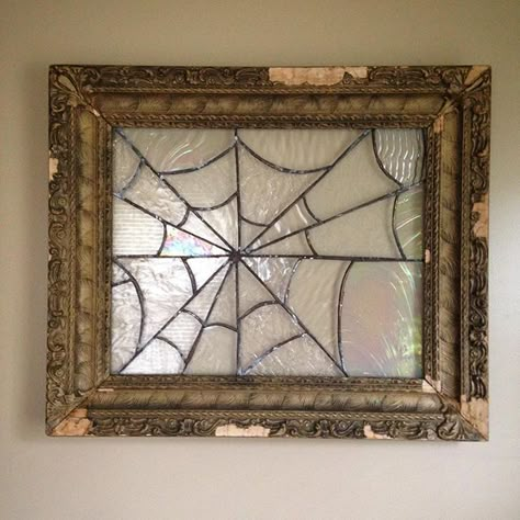 Stained Glass Spiderweb, Spider Web Stained Glass Pattern, Stain Glass Decor, Halloween Stained Glass Window, Stained Glass Wall Decor, Stained Glass Spider Web Corner, Gothic Stained Glass Art, Mirror Stained Glass Ideas, Mirror Stained Glass