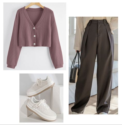 Mauve sweater, dark gray wide-leg pants, and white sneakers Mauve Pants Outfit, Mauve Outfit Ideas, Mauve Pants, Mauve Outfit, Outfit Celana, Mauve Sweater, Dark Mauve, Casual Outfit Ideas, Dressy Casual Outfits