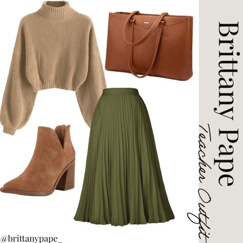 Brown Purse Outfit Fall, Fall Skirts With Sweaters, Olive Winter Outfit, Green A Line Skirt Outfit, Olive Skirt Outfit Winter, Green Army Skirt Outfit, Green Purse Outfit Fall, Olive Green Long Skirt Outfits, Olive Green Pleated Skirt Outfits