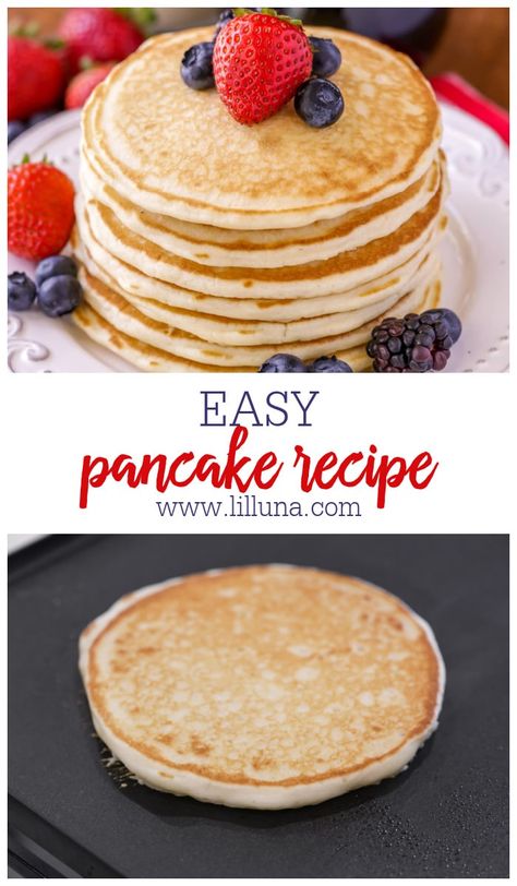 For delicious homemade pancakes, this Easy Pancake Recipe is the perfect base for your favorite toppings and variations! #easypancakerecipe #homemadepancakes #pancakes #breakfast Protein Pancakes Recipe Easy, Homemade Pancakes Easy, Pancake For Two, Simple Pancake Recipe, Quick Pancake Recipe, Easy Pancake Recipe, Easy Pancakes, Breakfast Cakes, Breakfast Favorites