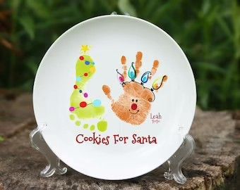 Baby Footprint Christmas Plate, Handprint Cookie Plate, Handprint Ceramic Plate, Handprint Ceramic Plate Christmas, Baby Foot Print Art Christmas, Plate Handprint Art, Hand Painted Santa Cookie Plate, Handprint Santa Cookie Plate, Handprint Cookies For Santa Plate