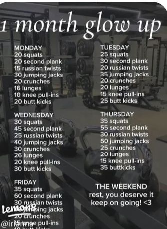 One Month Exercise Plan, 1month Workout Plan, 1 Month Workout Plan At Home, Workout Schedule Monday Through Friday, 1 Month Glow Up Before School, Two Month Workout Plan, Workouts For Flat Stomach In 1 Month, Work Outs To Lose 20 Pounds, Day Of The Week Workout