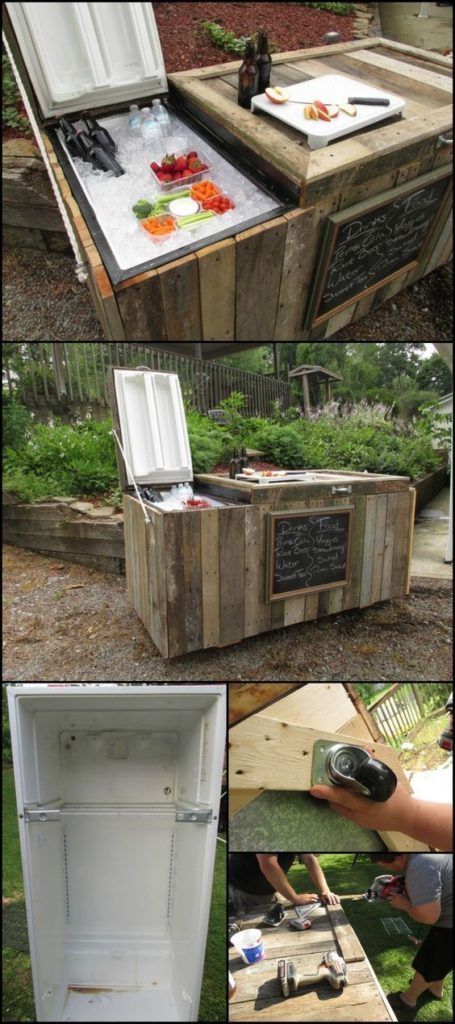 Diy Yard Furniture, Bar En Plein Air, Old Refrigerator, Pallet Bar Diy, Diy Outdoor Bar, Yard Furniture, Bar Exterior, Outdoor Cabinet, Outdoor Kitchen Bars