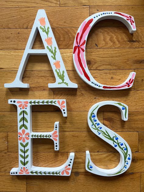 "Hand Painted Solid Wood Letters A 8\" H 7.75\" W .75\" Deep C 8\" H 6\" W .75\" Deep E 8\" H 7\" W .75\" Deep S 8\" H 75.75\" W .75\" Deep" Letter S Drawing Art, Wood Letter Decoration, Hobby Lobby Letters Wall Art, Door Letter Decorations, Diy Letter Sign, Painted Letters Ideas, Wooden Letters Decorated With Paint, Painted Initials Wooden, Sorority Letters Painted Wooden Pink