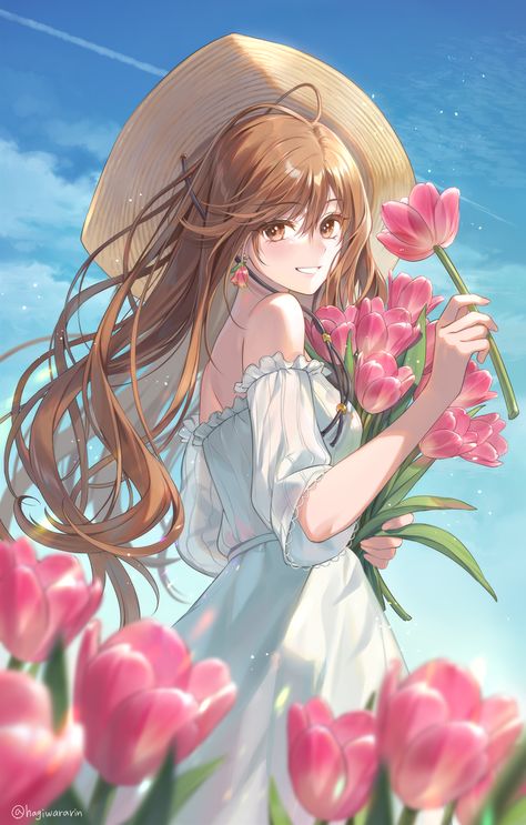 Safebooru - 1girl bare shoulders blue sky blurry blurry foreground bouquet breasts brown eyes brown hair chin strap clouds commentary contrail cowboy shot day dress earrings english commentary floating hair flower flower earrings frilled dress frills from side hagiwara rin hair between eyes hat highres holding holding bouquet holding flower jewelry long hair looking at viewer looking to the side off-shoulder dress off shoulder original outdoors parted lips pink flower short sleeves sky small bre Looking To The Side, Holding Bouquet, Frilled Dress, Floating Hair, Parted Lips, Dress Earrings, Brown Eyes Brown Hair, Giving Flowers, Dnd Ideas