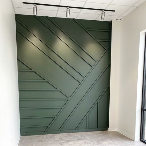 Tv Wall Green Design, Green Accent Wall Salon, Green Accent Wall Hallway, Green Wall With Wood Slats, Dark Green Wall With Wood Slats, Accent Wall Hair Salon, Hair Salon Accent Wall, Accent Wall Salon Suite, Dark Green Accent Wall Office