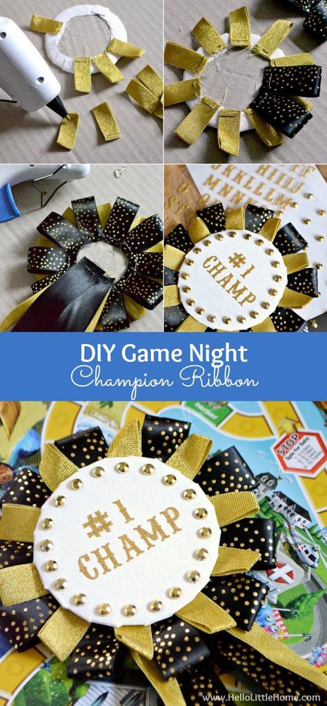 Step-by-step instructions for making an easy DIY Game Night Champion Ribbon! It's the perfect addition to family game night! | Hello Little Home Diy Game Night, Diy Birthday Ribbon, Games For Babies, Diy Trophy, Game Night Parties, Badges Diy, Award Ribbons, Award Ribbon, Birthday Pins