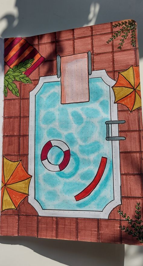 Beach Marker Drawing, Swimming Pool Drawing Easy, Pool Drawing Simple, Summer Sketchbook Ideas, Drawing Ideas Colorful Markers, Pool Bullet Journal, Swimming Drawing Easy, Summer Drawing Ideas Creative, Color Pencil Sketches Sketchbooks