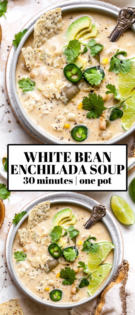 Vegetarian Soup Recipes, Enchilada Soup, Green Chiles, Tasty Vegetarian Recipes, Vegetarian Dinners, Vegetarian Soup, White Bean, Vegetarian Recipes Dinner, Meatless Meals