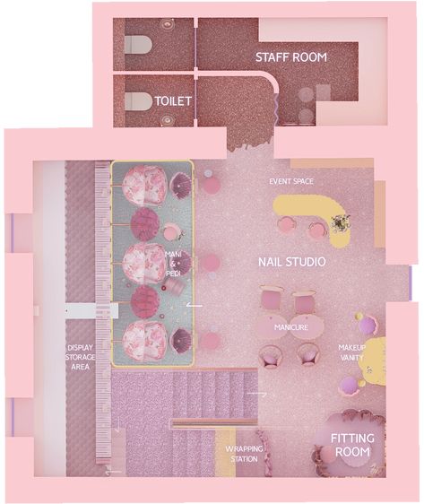 Éthérée en rose on Behance Pastel Salon Interior, Cozy Nail Salon, Nail Salon Floor Plan, Nail Salon Layout, Mini Salon Ideas, Esthetician Room Supplies, Furniture Design Architecture, Beauty Salon Names, Studio Floor Plans