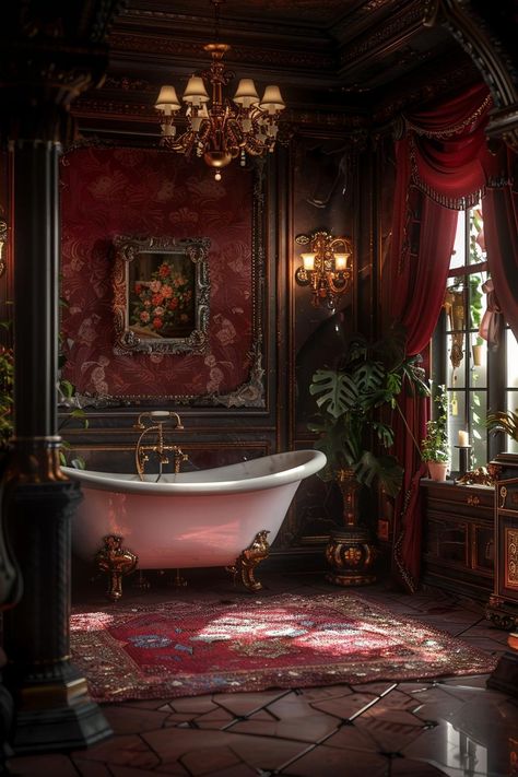 20 Aesthetic Bathroom Designs For Your Home Makeover Romantic Victorian Aesthetic Home, Small Aesthetic Bathroom, Dark Victorian House, Whimsigoth Bathroom, Victorian Bathroom Vintage, Statement Bathroom, Medium Aesthetic, Dark Maximalist, Modern Victorian Decor