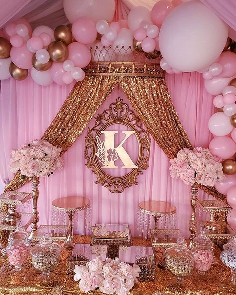 Princess Sweet 16 Decorations, Pink And Gold Princess Party Decoration, Pink Princess Birthday Party Decorations, Champagne Pink Sweet 16 Dresses, Pink Quinceanera Backdrop, Sweet 16 Disney Princess Theme, Barbie Themed Quince, Princess And The From Sweet 16, Sweet Sixteen Princess Theme