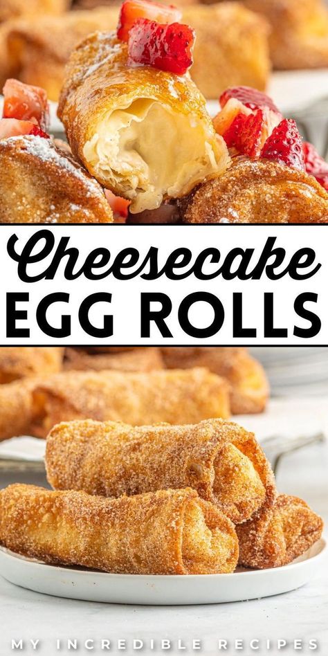 Savor a unique dessert experience with cheesecake egg rolls. These delectable treats combine the creamy richness of cheesecake filling with the delightful crunch of a crispy egg roll wrapper. A fusion of sweet and savory, cheesecake egg rolls offer a delicious twist on a classic dessert in a convenient handheld package. Try it today! Cheesecake Egg Rolls, Egg Roll Wrapper, Savory Cheesecake, The Best Cheesecake, Crispy Egg, Egg Roll Recipes, Best Cheesecake, Cheesecake Filling, Egg Roll