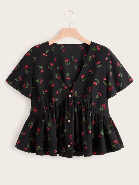 Cherry Print Button Front Peplum Blouse $12 // SHEIN Ruffle Hem Blouse, Trendy Dress Outfits, Fashion Tops Blouse, Blouse Sale, Trendy Fashion Tops, Hem Blouse, Cherry Print, Peplum Blouse, Girls Fashion Clothes