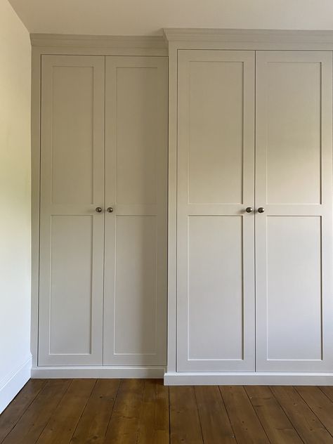 Built In Shaker Wardrobes, French Grey Wardrobes, Neutral Bedroom Built In Wardrobe, Fitted Wardrobes Fireplace, Bespoke Fitted Wardrobes, Built In Wardrobe Inside, Grey Built In Wardrobe, Victorian Wardrobe Design, Wall Of Wardrobes