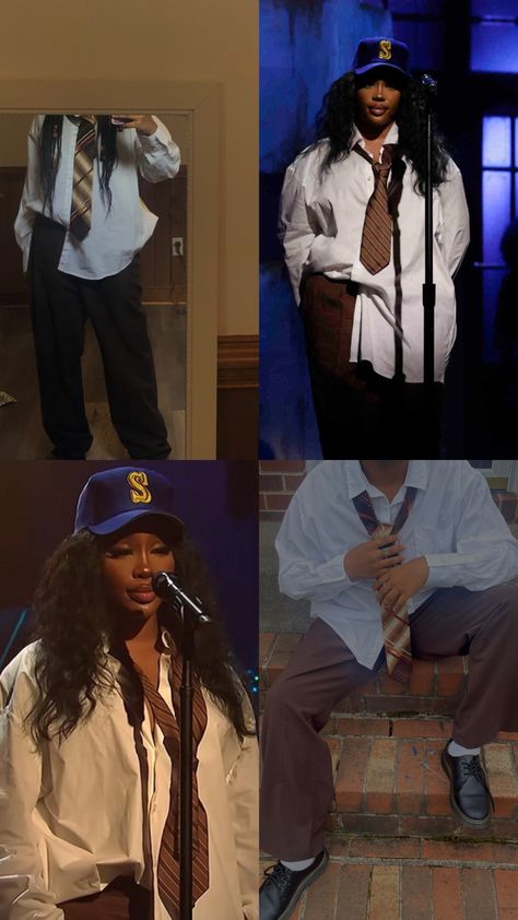 Sza SNL inspired outfit Sza Outfits Inspired, Iconic Sza Outfits, Sza Street Wear, Sza Outfits Concert Men, Sza Concert Outfit Ideas Men, Sza On Snl, Sza Style Fashion, Sza Outfits Baggy, Sza Merch Outfit