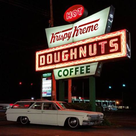 Impala Wagon, Googie Architecture, Krispy Kreme Donuts, Retro Signs, Krispy Kreme Doughnut, Vintage Neon Signs, Vintage Restaurant, Neon Nights, Krispy Kreme