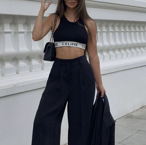 @aliceoliviac / outfit / minimal / black / bralette / Celine / Chanel classic flap Celine Bra Top, Celine Crop Top Outfit, Celine Bra Top Outfit, Celine Sports Bra Outfit, Celine Top Outfit, Celine Outfits Women, Sports Bra Outfit Street Style, Bra Outfit Aesthetic, Asap Outfit