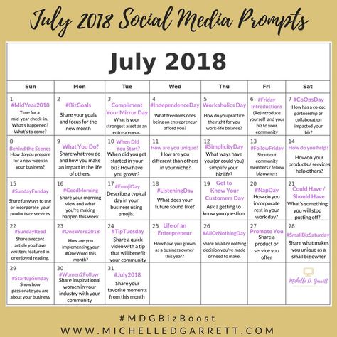 July Social Media Prompts | Divas With A Purpose July Social Media Calendar, Social Media Prompts, Social Tips, Social Media Challenges, July Holidays, Marketing Planner, Social Media Content Calendar, Social Media Community, Social Media Resources