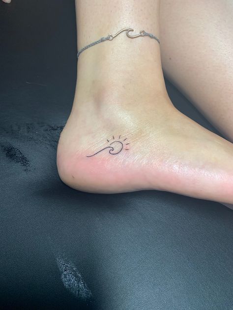 Sun Wave Flower Tattoo, Wave Tattoo Simple Ankle, Sun Tattoo Small Ankle, Sun And Wave Tattoo Ankle, Ankel Tattoos Small For Women, Ankle Tattoo Wave, Small Wave Tattoo Ankle, Wave Tattoo On Ankle, Tattoo Ankle Woman