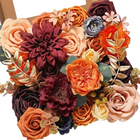 PRICES MAY VARY. Give you a memorable wedding: This artificial flower combo combines orange and burgundy perfectly, and there is also some blue buds and exquisite gold pearl and leaves, very suitable to make bridal bouquets, centerpieces, floral arrangements, wreaths, cake decorations in your wedding. Artificial flower package details: Burgundy silk roses x3, orange silk roses x3, Hibiscus x2, Dahlia x1, gradual orange roses x2, orange peony x2, champagne silk roes x1, PE roses x5, flower buds x Blue Fall Wedding, Orange Peony, Fake Wedding Flowers, Foam Cake, Centerpieces Floral, Memorable Wedding, Diy Roses, Cake Flowers, Fall Wedding Flowers