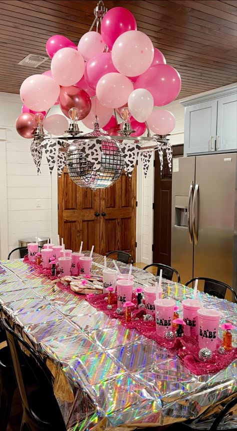 Pink Country Theme Party, Themes For 23rd Birthday, Preppy Western Birthday Party, Girly Cowgirl Party, Birthday Party Themes Preppy, Cow Disco Party, Space Cowgirl Birthday Party Ideas, Pink Country Birthday Party, Sweet 16 Party Ideas Preppy