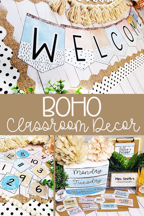 Boho Classroom Bulletin Board, Boho Classroom Decor Ideas, Neutral Boho Classroom, Boho Classroom Theme, Modern Boho Classroom, Classroom Organization Labels, Ideas For Back To School, Classroom Job Chart, Classroom Decor Ideas